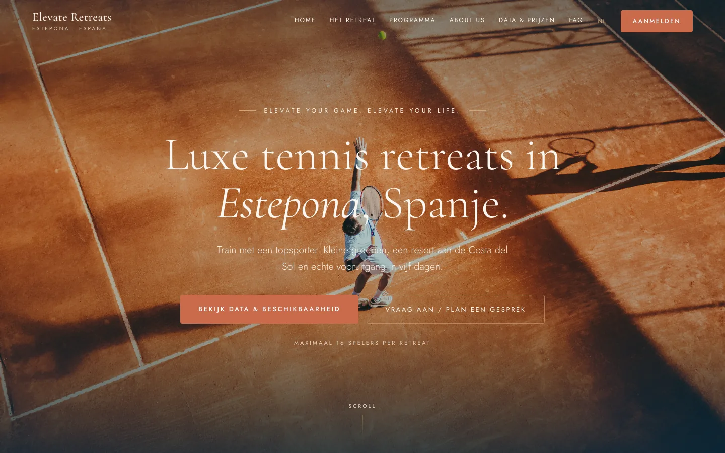 De homepage van elevateretreats.nl op desktop: luxe tennis retreats in Estepona, Spanje