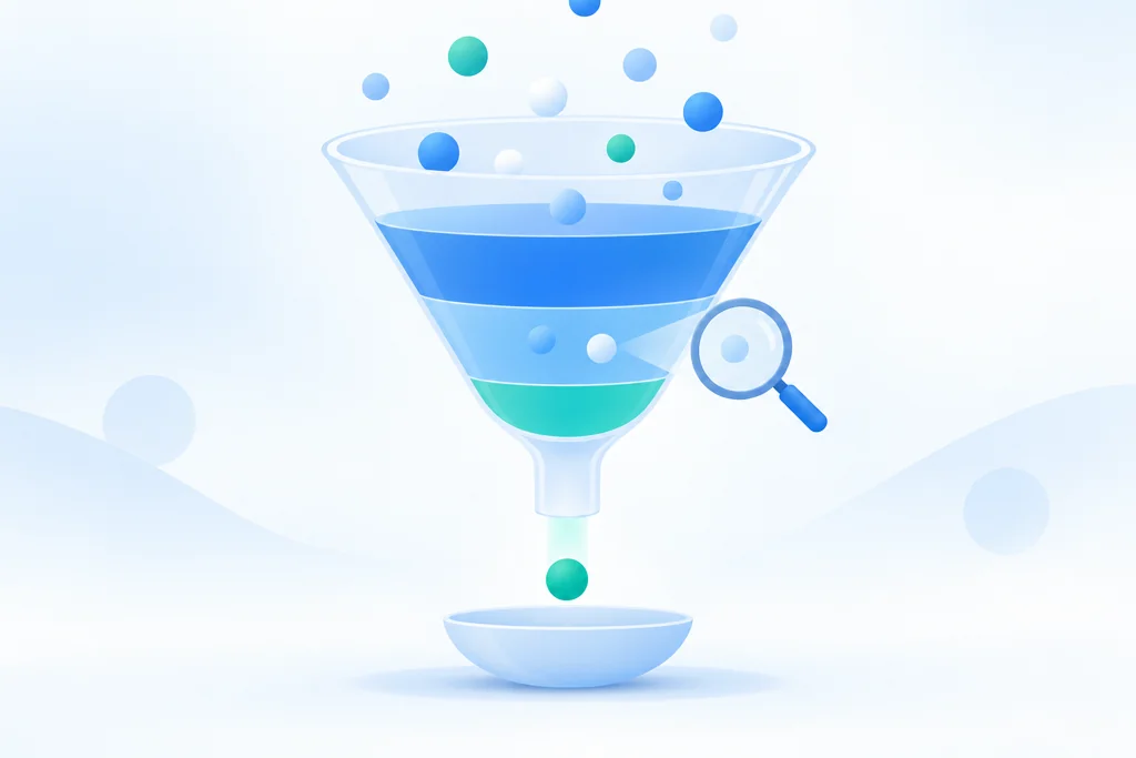 Illustratie van een marketing funnel met drie gekleurde zones, losse stippen die bovenin binnenvallen, een vergrootglas bij het middendeel en één knikker die onderin in een schaaltje valt.
