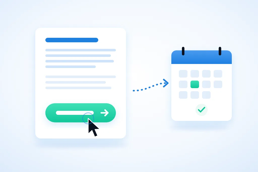 Illustratie bij de betekenis van call to action: een webpagina met tekst en onderaan een groene knop die wordt aangeklikt, met een pijl naar een agenda waarin een afspraak staat.