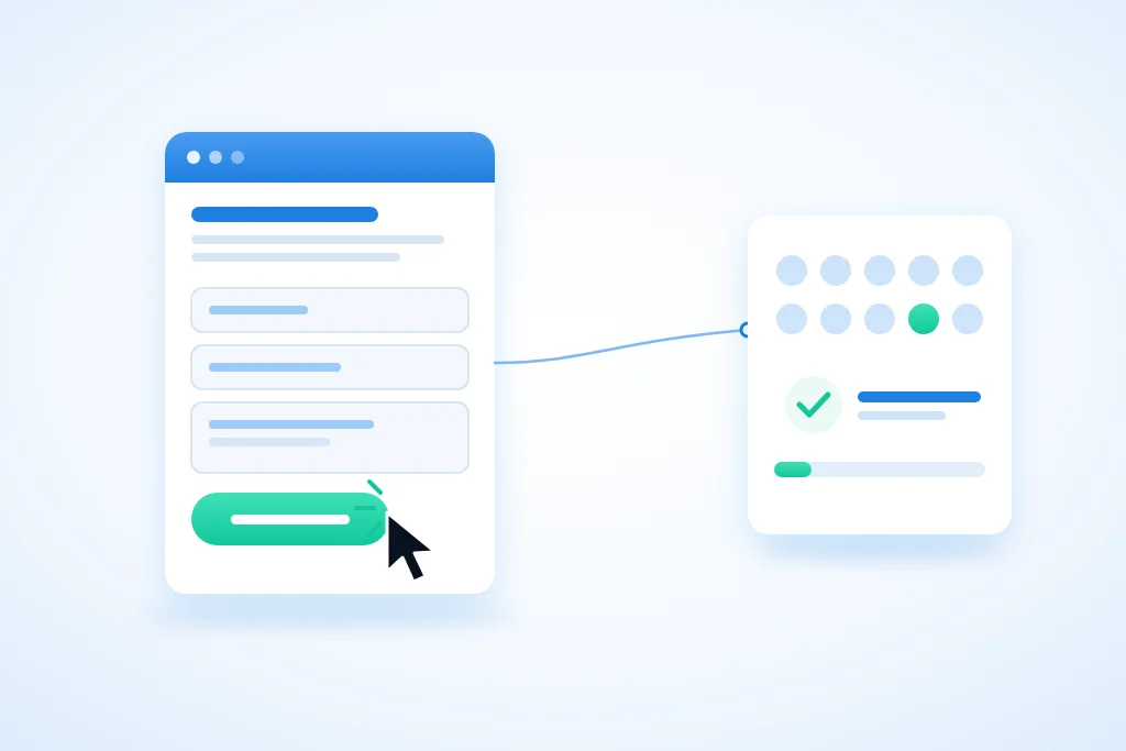 Illustratie bij conversie: een webpagina met een formulier waarvan de verzendknop wordt aangeklikt, en daarnaast een raster van bolletjes waarvan er één groen is, met een vinkje eronder.