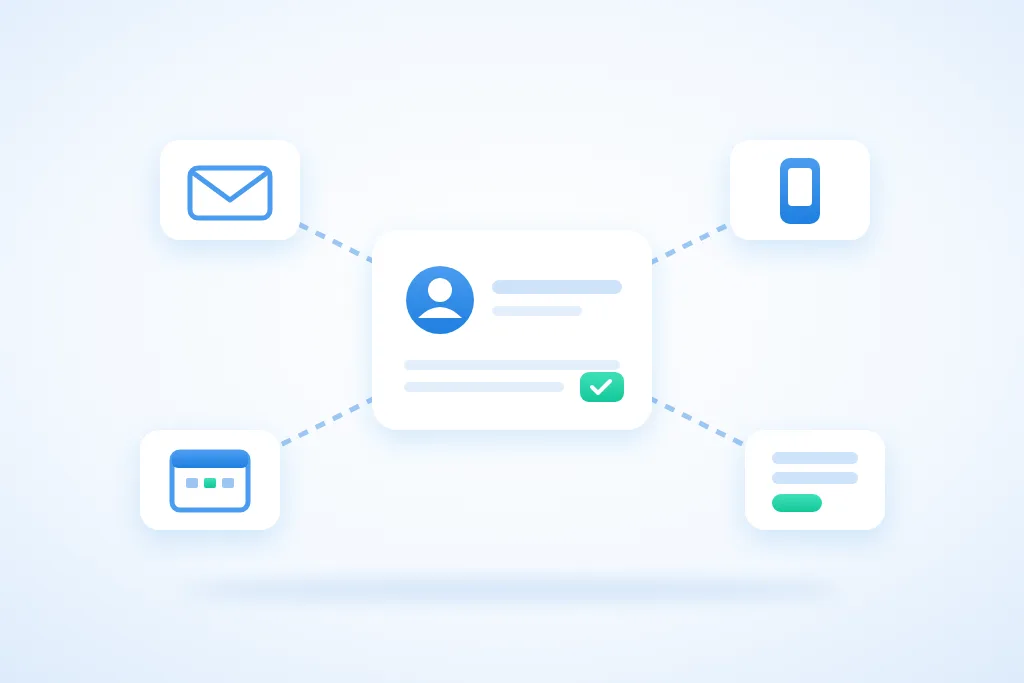 Illustratie bij wat CRM is: een kaart met de gegevens van een klant in het midden, verbonden met een e-mail, een telefoon, een agenda en een aanvraagformulier.