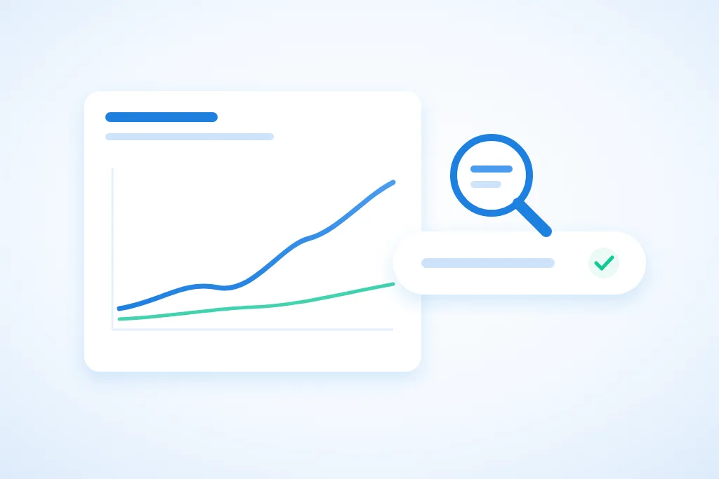 Illustratie bij Google Search Console: een grafiek met een stijgende lijn, een vergrootglas en een balk met een webadres en een groen vinkje.