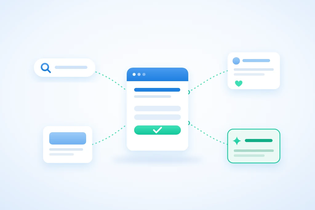 Illustratie bij inbound marketing: in het midden een website met een ingevuld formulier, eromheen een zoekbalk, een artikel, een social-bericht en een AI-antwoord, met lijnen die naar de website lopen.