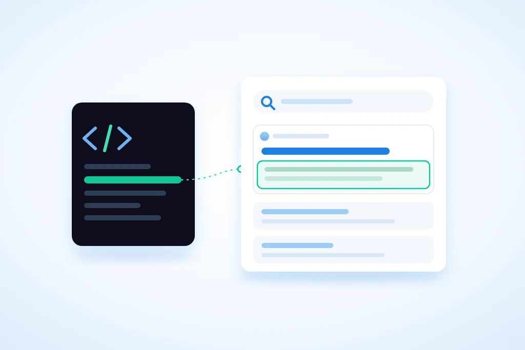 Illustratie bij meta description: links de code van een pagina met één gemarkeerde regel, rechts een zoekresultaat waarin de beschrijving onder de titel gemarkeerd is.