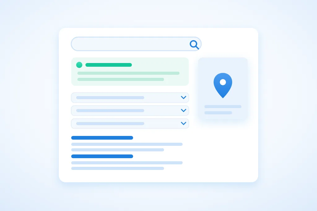 Illustratie bij SERP: een zoekresultatenpagina met een zoekbalk, een samenvatting bovenaan, een blok met uitklapbare vragen, gewone resultaten en een kaart met een locatiepin.