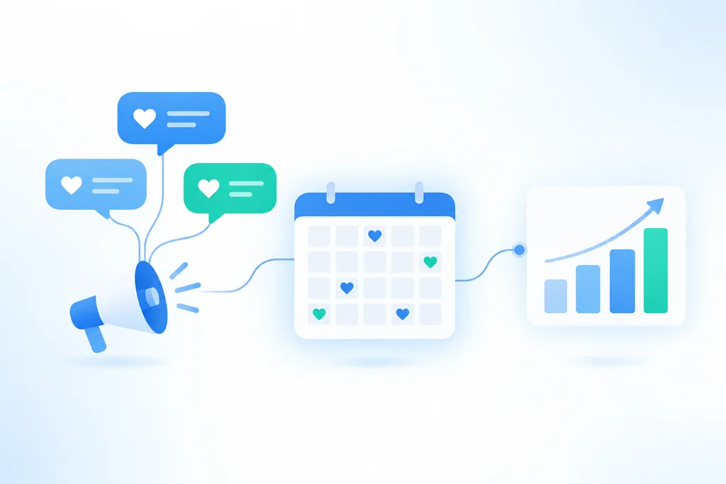 Illustratie voor social media marketing: spraakballonnen boven een megafoon, verbonden met een kalenderraster met hartjes en een oplopende staafgrafiek.