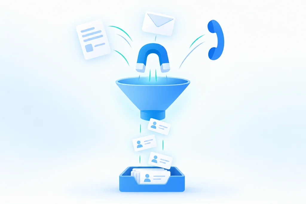 Illustratie van leadgeneratie: een magneet boven een trechter trekt een formulier, een e-mail en een telefoontje aan; eronder vallen contactkaarten in een bakje.