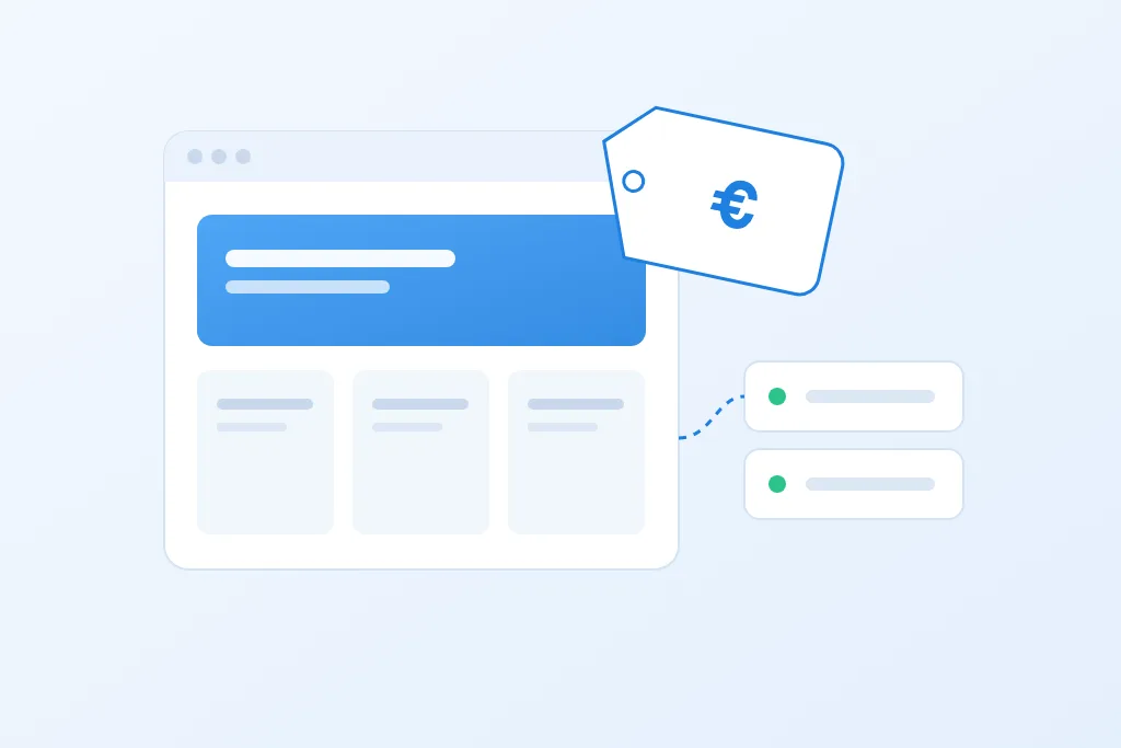 Illustratie bij de kosten van een WordPress website: een browservenster met een eenvoudige website, een prijskaartje met een euroteken en twee servers voor de hosting.